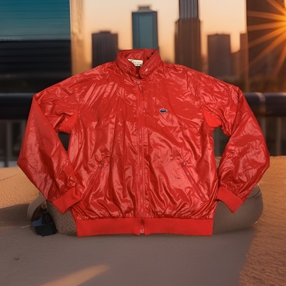 Lacoste Other - Vtg Izod Lacoste Jacket Mens L Gloss Red Bomber Full Zip Windbreaker 80s Hooded